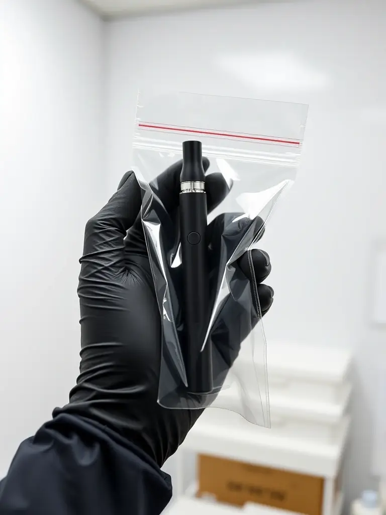 An image showing a gloved hand carefully placing a THC vape pen into a protective, smell-proof bag. The background is a sterile, controlled environment.