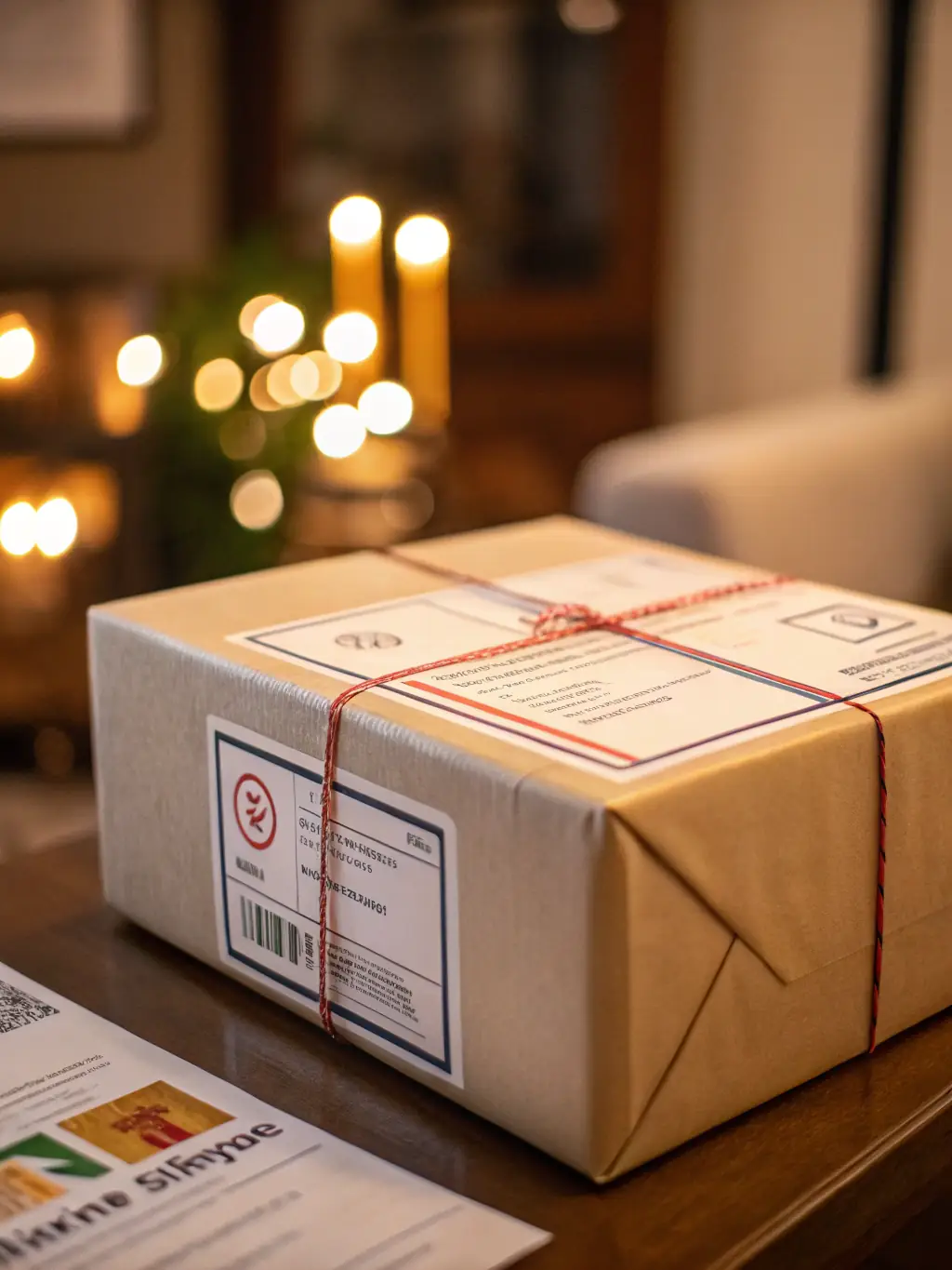 A close-up shot of a nondescript, sealed package being placed into a generic delivery box, emphasizing the anonymity of the packaging. The setting is a clean, modern warehouse environment.