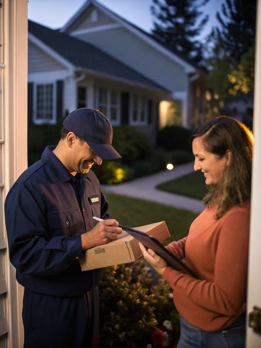 A photo of a delivery driver in plain clothes handing a package to a customer at a residential address, maintaining a low profile and professional demeanor.